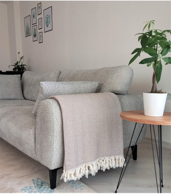 Bej ve Krem Rengi Balıksırtı Çift Kişilik Pike