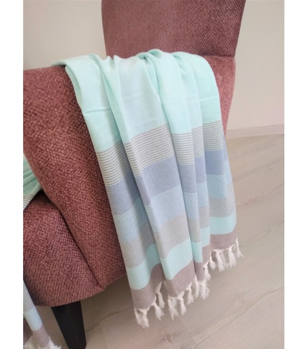 Mint Yeşili, Mavi Kahverengi Çizgili Peştemal