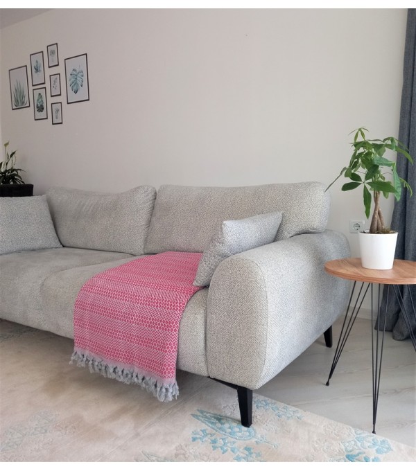 Pembe ve Gri Renkli Zincir Desenli Çift Kişilik Pike