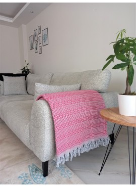 Pembe ve Gri Renkli Zincir Desenli Çift Kişilik Pike