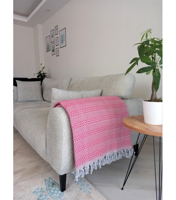 Pembe ve Gri Renkli Zincir Desenli Çift Kişilik Pike